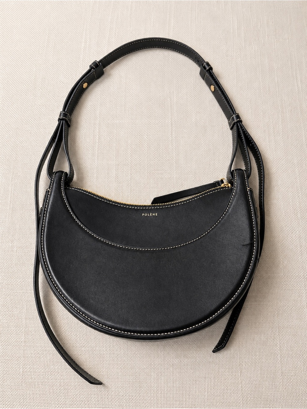Polene Black Crescent Crossbody Bag with Gold Hardware